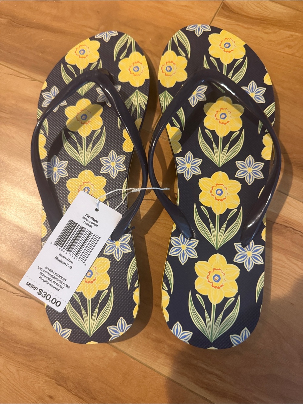 Vera Bradley Navy Floral Flip Flop Sandals with Yellow Flowers
